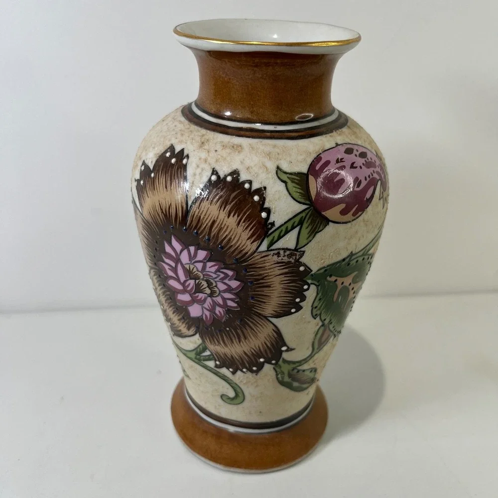 Vintage Ceramic Floral Vase Hand Painted Earthy Tones Boho Decor Art Pottery MCM